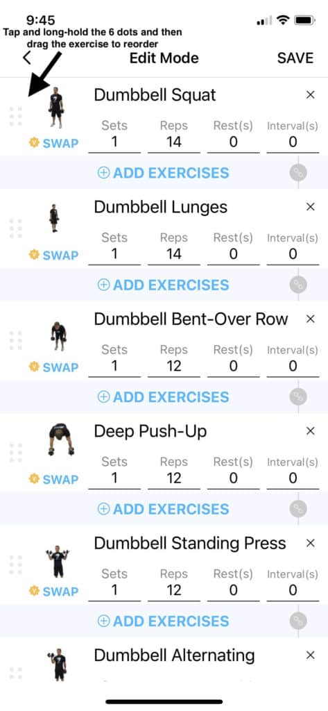 how to reorganize exercises on iOS